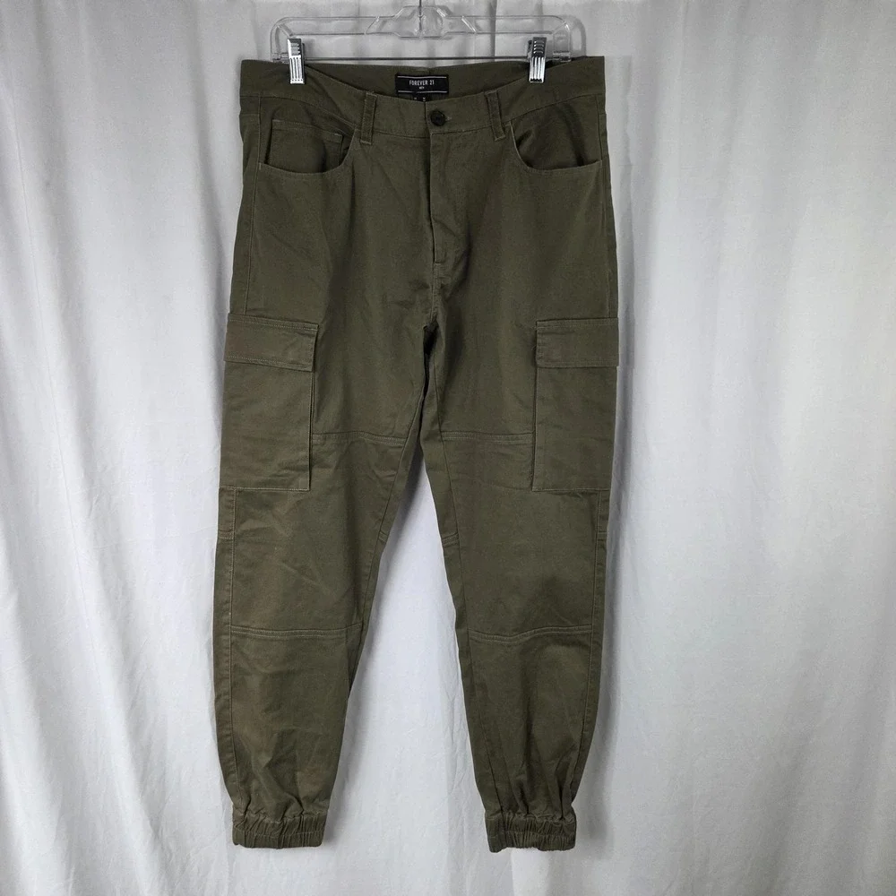 Forever 21 Pants Mens Medium Green Canvas Cargo Joggers Stretch Pockets Casual